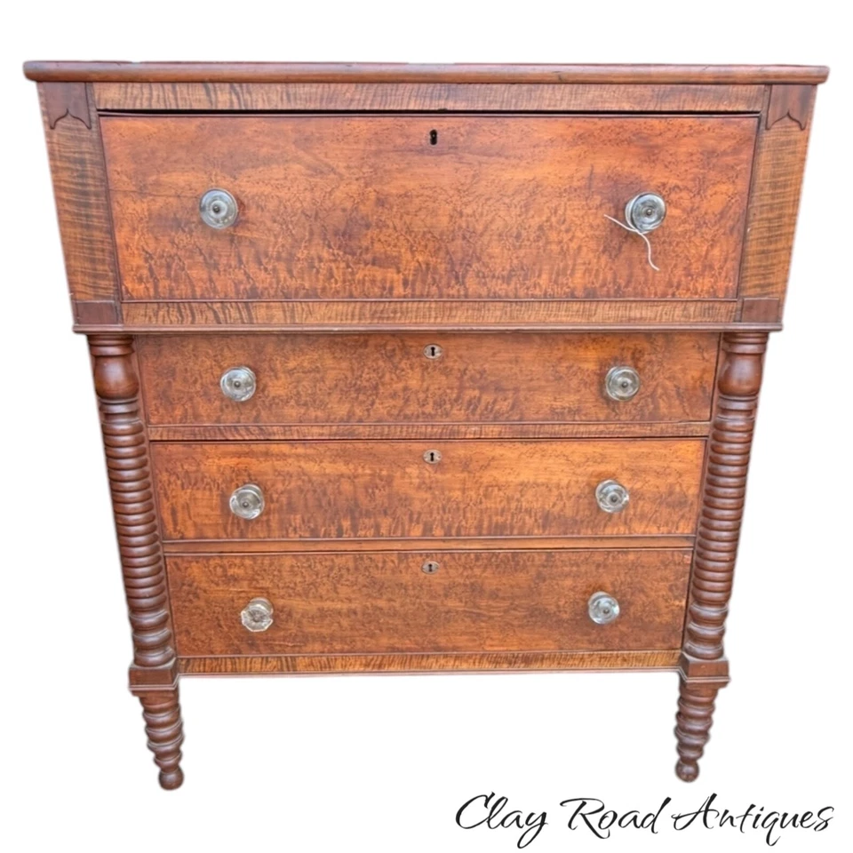 古董喜来登樱桃鸟眼枫木老虎抽屉柜梳妆台乡村 — 第 2/4 张图片