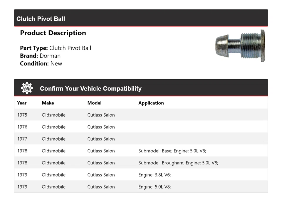 Bola pivotante embrague Dorman salón Oldsmobile Cutlass 1975-1979 1976 1977 1978 Foto 2 de 4