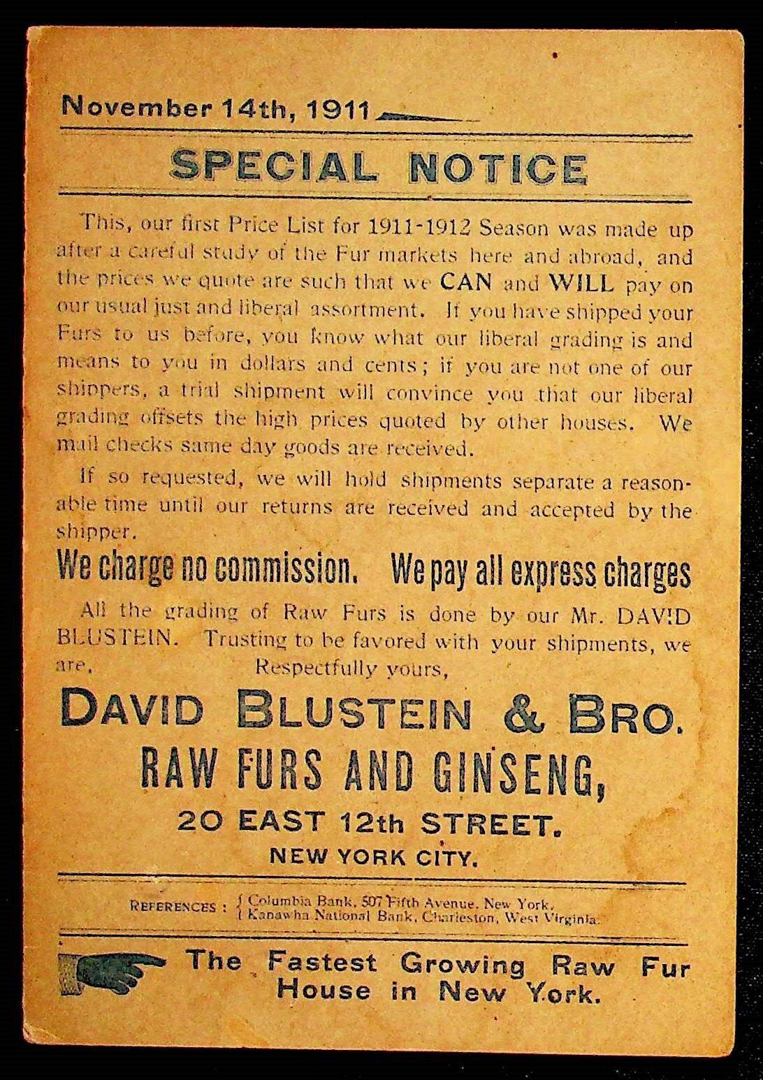 David Blustein & Bros. New York Price List November 14 1911 Raw Furs
