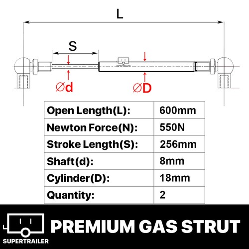 2x gas struts 600mm 550N (8mm shaft) CAMPER TRAILER CARAVAN CANOPY Toolbox STRUT - Picture 3 of 4