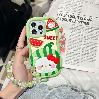 For iPhone 15 Pro Max 14 13 12 11 3D Cute Kitty Watermelon Case Cover With Chain