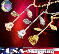 New Rose Flower Pendant Long Stem Rose Gold Silver Charm Jewelry Necklace