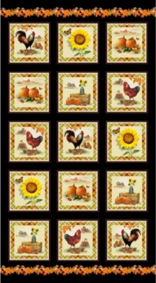 Henry Glass - Autumn Splendor Block Quilting Fabric Panel w/ Chickens, Sunflower