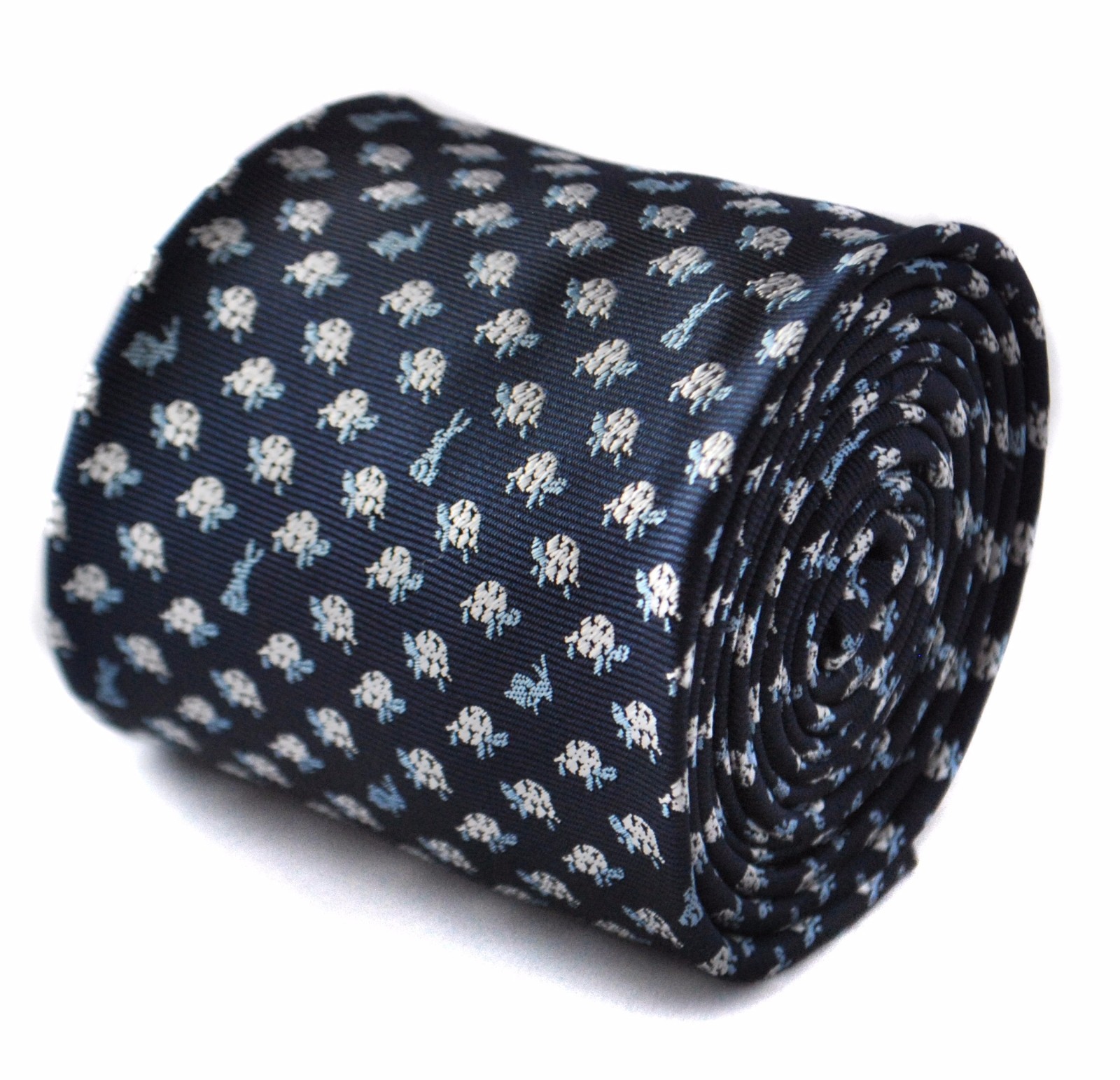 Frederick Thomas Designer Mens Tie - Dark Navy Blue Embroidered Tortoise & Hare