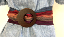 70s Wide Stripe Fabric Slide Belt Hand Made Wood Oval Buckle USA Size X-Small