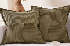 PAIR Olive Green CHENILLE CORDUROY PATCHWORK STRIPE PILLOW COVERS 18x18 S71