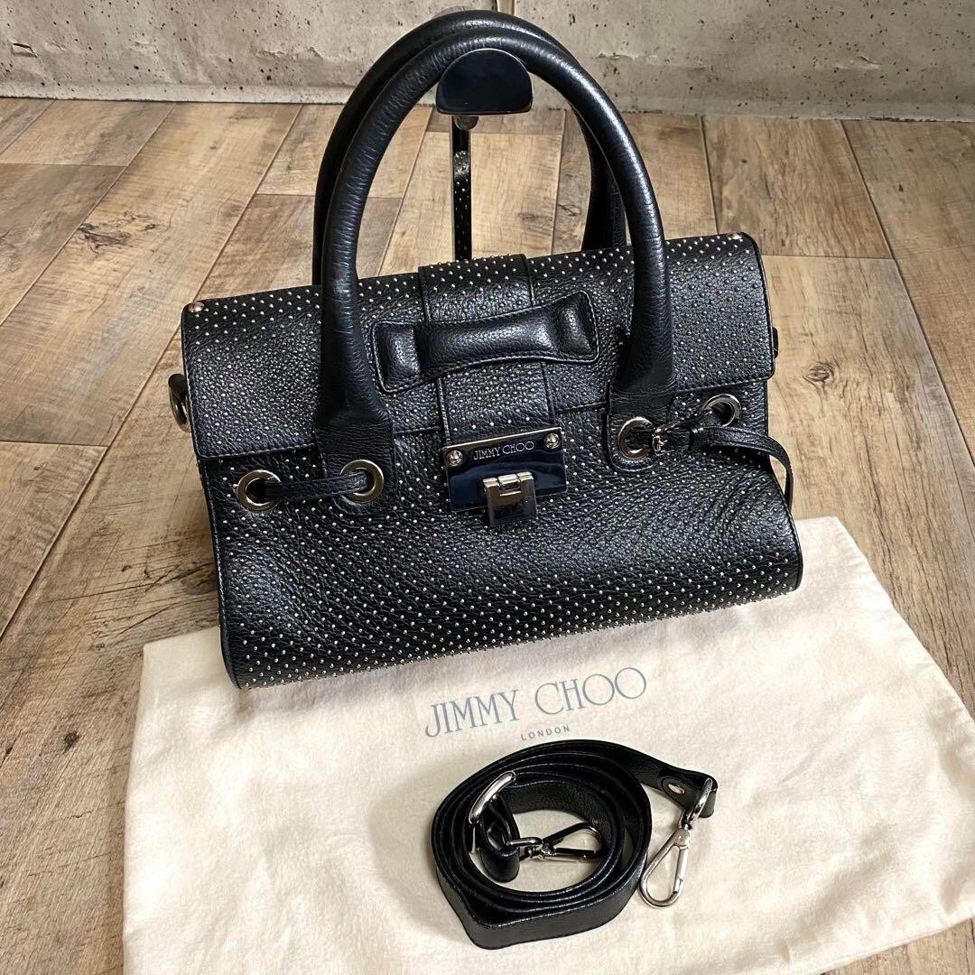 Jimmy Choo 2way Handbag Shoulder Bag Studs Leather Black Used 