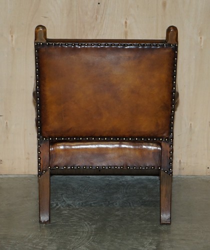 FULLY RESTORED EDWARDIAN CIRCA 1910 HAND DYED BROWN LEATHER LION CARVED ARMCHAIR - Picture 14 of 16