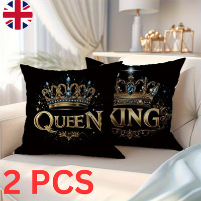 2 STCK. KING QUEEN KISSENBEZÜGE 18 ZOLL X 18 ZOLL SCHWARZ GOLD SOFA DEKOR ROYAL CROWNS UK