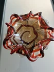 Vintage Murano Italy Glass Red Ruby Gold  7" Handkerchief Ruffle Bowl Ashtray Di
