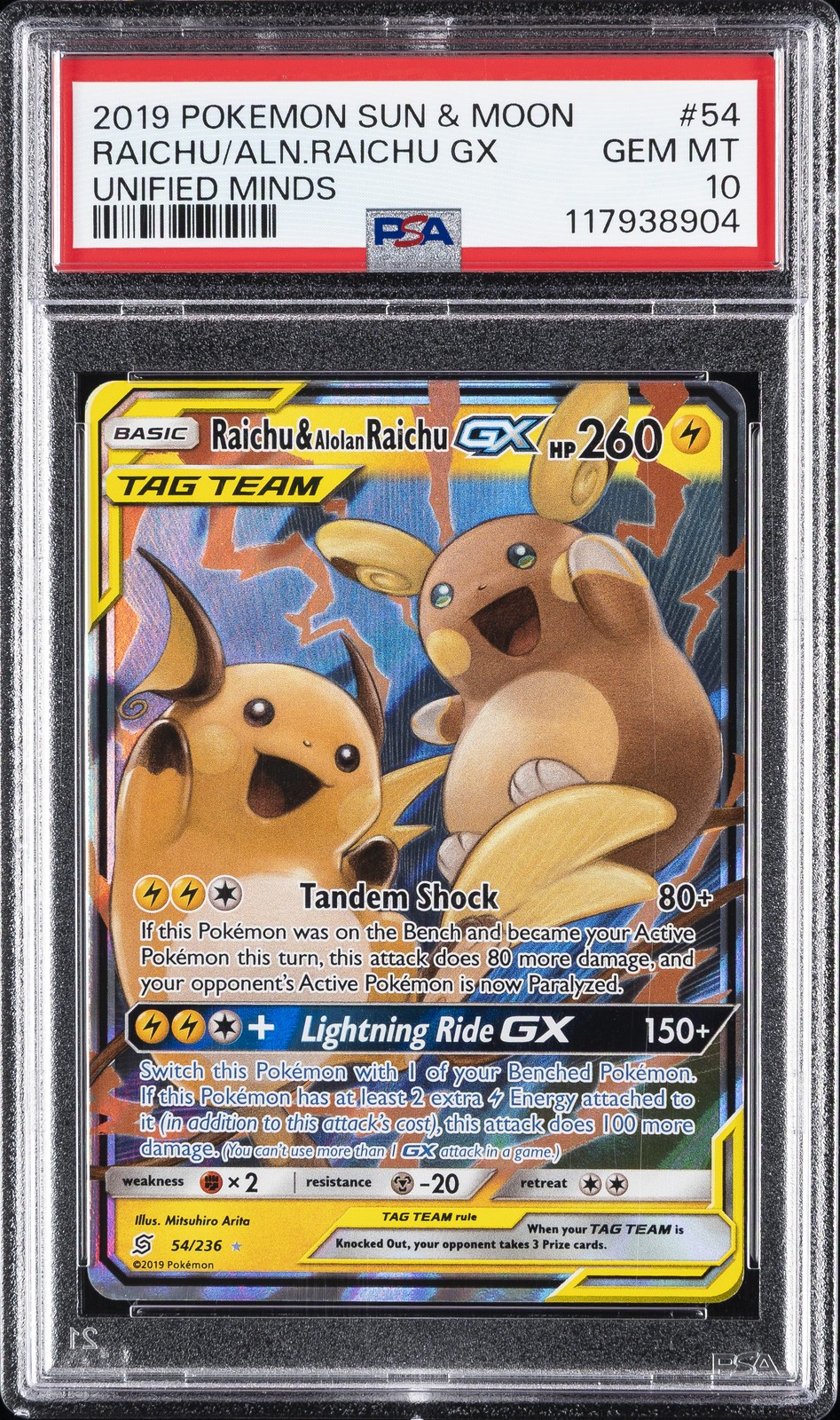 2019 POKEMON SUN & MOON UNIFIED MINDS #54 RAICHU & ALOLAN RAICHU GX PSA 10