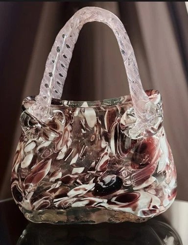 Vintage Murano Style Hand Blown Glass Purse Vase Purple White Swirl Art Glass
