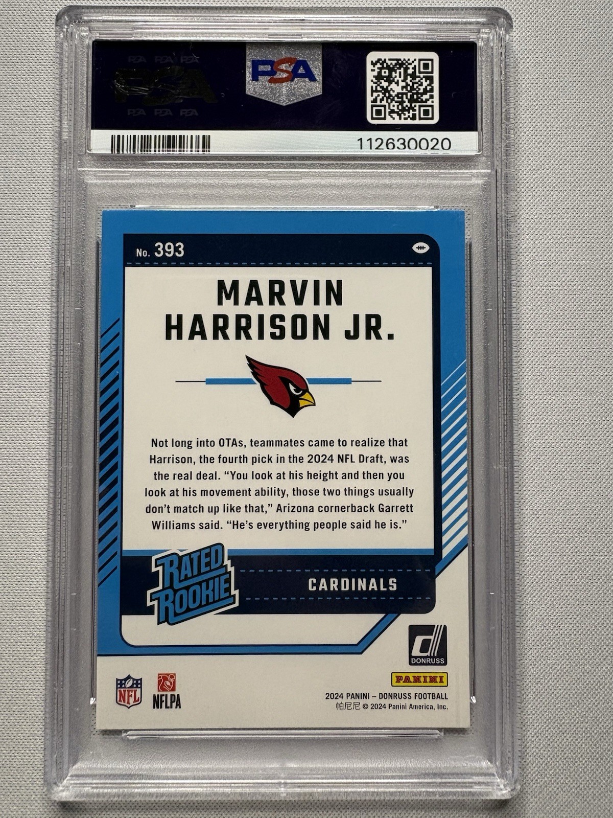 2024 Panini Donruss Rated Rookie Marvin Harrison Jr. #393 (RC) PSA 9 Mint view 3