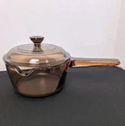VTG Pyrex Vision Corning Ware 1L Sauce Pot W/ Pour Spout USA Lid Handle Amber