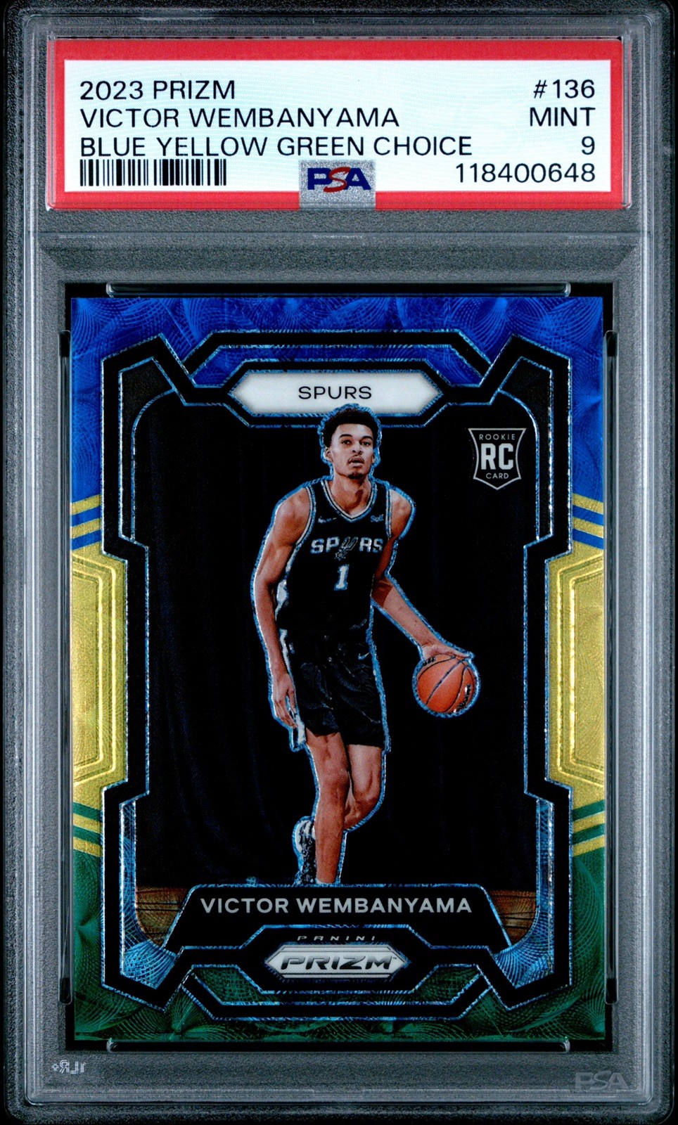 Victor Wembanyama 2023 Prizm Blue Yellow Green Choice PSA 9 #136 Spurs