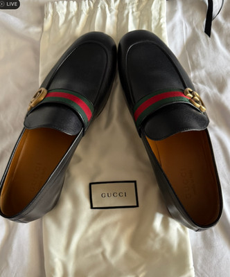 Gucci 423609 Horsebit Web Loafers Black Leather Size 8 Made in Italy Authentic