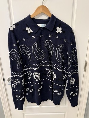 Kith Paisley Harmon Pullover Nocturnal Navy Knit Polo Sweater Size Large L