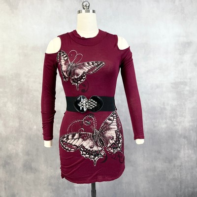 Y2K Womens Dress Cold Shoulder Butterfly Rhinestone Bodycon Goth Grunge Clubwear