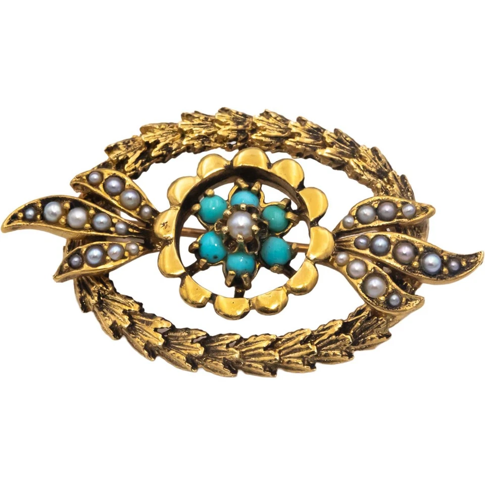 14k Yellow Gold Jewelry Turquoise and Seed Pearl Brooch Pin