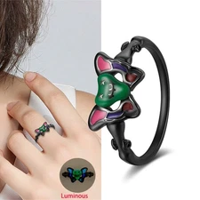 KUNSIR 925 Sterling Silver Black Butterfly Luminous Ring Women Halloween Size 8