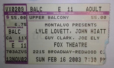 2/16/2003 Lyle Lovett John Hiatt Guy Clark Joe Ely Ticket Stub Fox Theatre CA