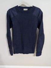 LL Bean Commando Sweater Men M Navy Blue Merino Lambs Wool Elbow Patches