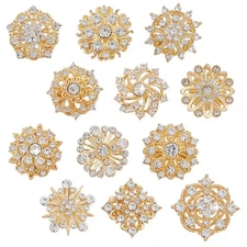 12Pcs Rhinestone Brooches 12 Styles Flower Brooch Pins Shining Flower Lapel B...