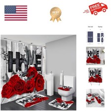 Red Rose Valentines 4 Pcs Shower Curtain Sets Non-Slip Rugs Bath Mat Toilet C...