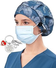 Satin Lined Bouffant Scrub Nurse Cap with 4 Buttons and Sweatband Adjustable
