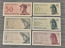 Lot of 6 Indonesia 1964 Banknotes - 1, 5, 10, 50 Sen - Crisp Uncirculated UNC