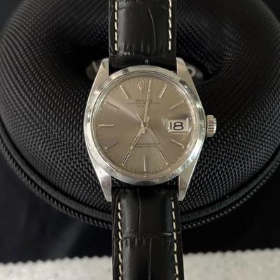 Rolex Oyster Perpetual Date Automatic 34mm Silver Sunburst Dial Date Leather