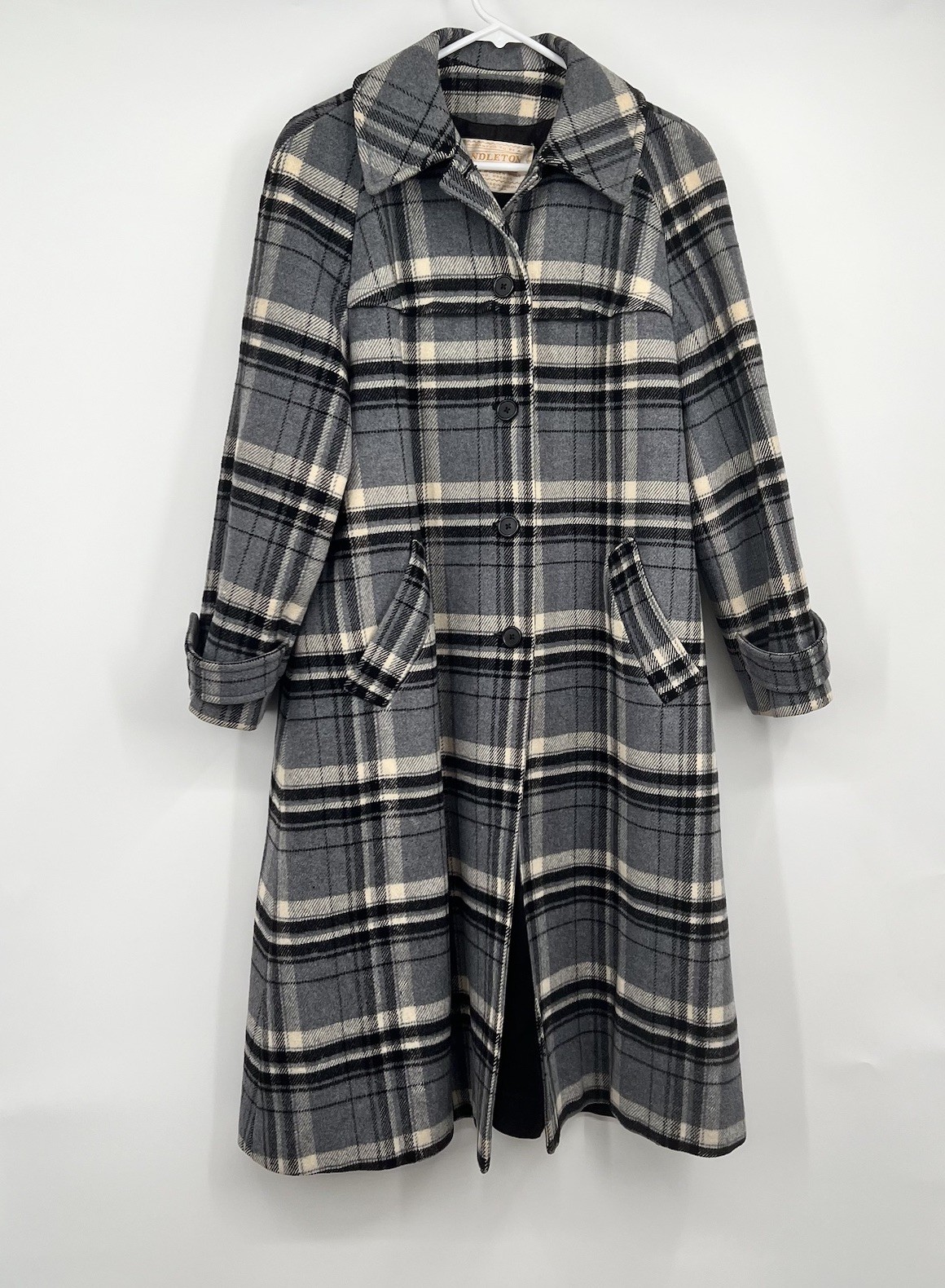Womens 70s VTG Pendleton Checkered Gray Plaid Wool Trench Over Coat Jacket image 3