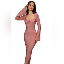 New House of CB London BODY Rose Bandage Midi Dress Long sleeve Pink bandage Y2K