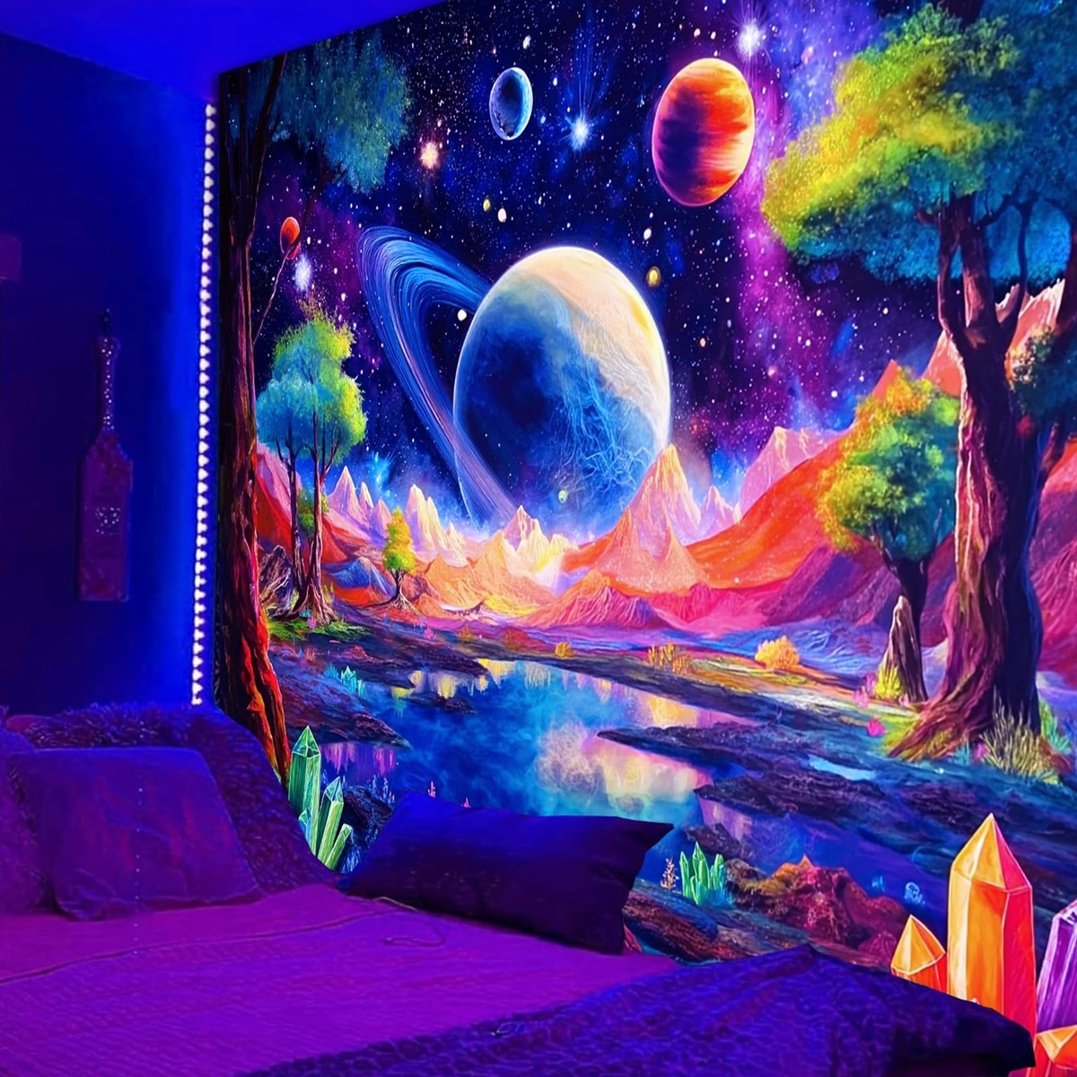 Blacklight Galaxy Tapestry, UV Reactive Glow in the Dark Space