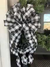 Handmade Black and White Buffalo Plaid Bow fo...