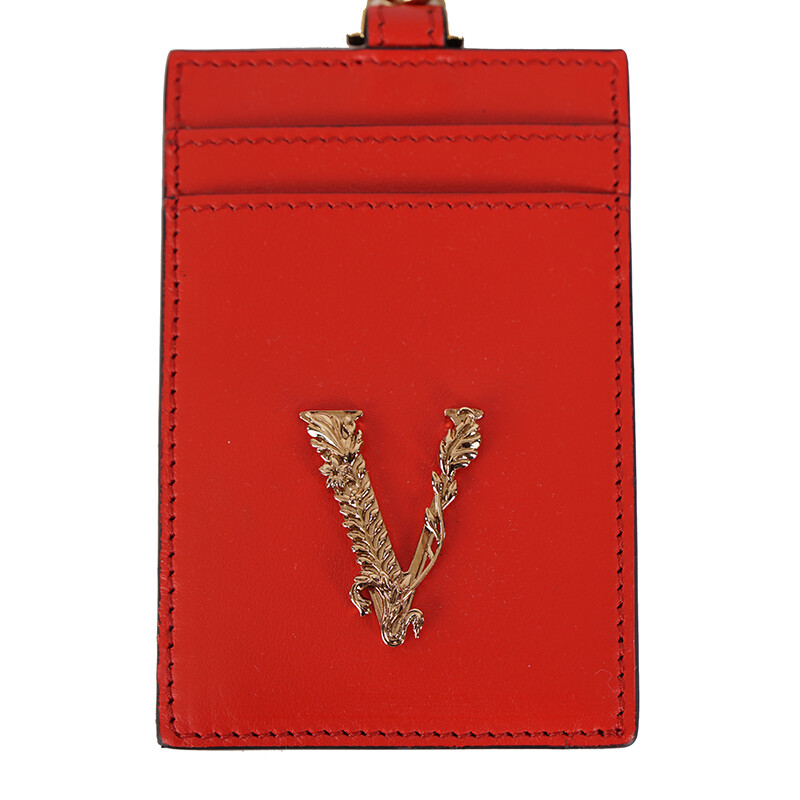 NEW $375 VERSACE Red Leather GOLD BAROCCO V LOGO VIRTUS