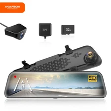WOLFBOX 4K 12" Mirror Dash Cam With Super Night Vision WDR Backup Camera