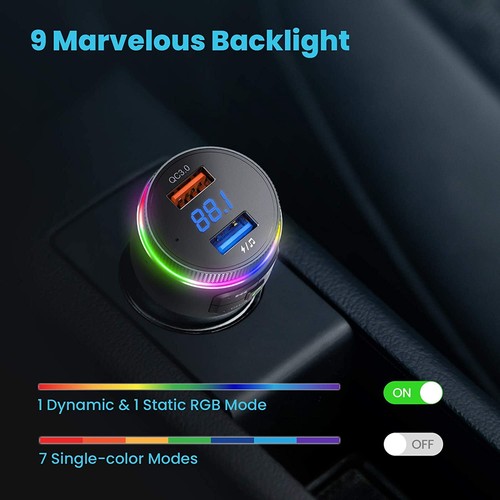 VicTsing Wireless Bluetooth RGB Car FM Transmitter MP3 Player QC3.0 USB Charger - Picture 9 of 10