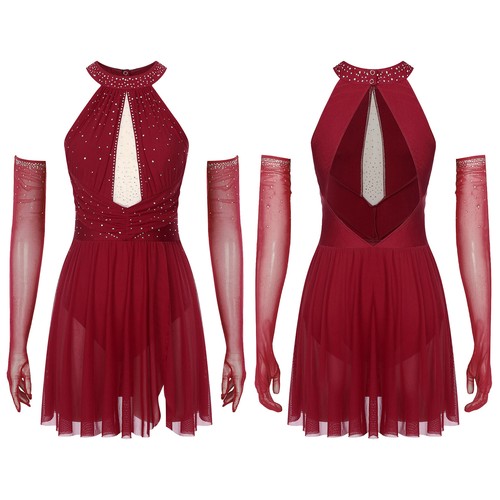 Ropa de baile para mujer Vestido sin espalda Ropa Conjunto Rhinestone Guantes Slips - Imagen 28 de 51