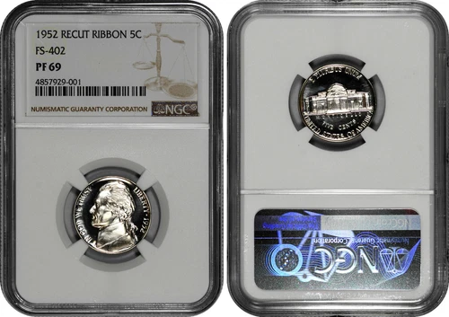 1952 Recut Ribbon 5C FS-402 Proof Jefferson Nickel NGC PF 69
