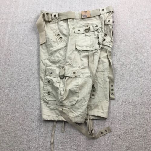 Y2K Cargo Shorts Mens 38 Beige Cyber Grunge Rave Straps Skater Route 66 NEW