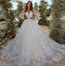 Ball Gown Princess Wedding Dresses Sweetheart Long Puff Sleeve Lace Embroidery