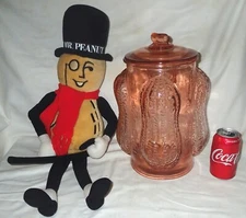 ANTIQUE PLANTERS MR. PEANUT PINK DEPRESSION GLASS LID JAR w TOY MAN STUFFED DOLL
