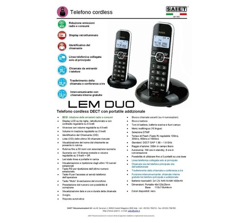 Telefono fisso cordless DUO vivavoce tasti grandi sveglia ricevitore casa dect - Imagen 7 de 11