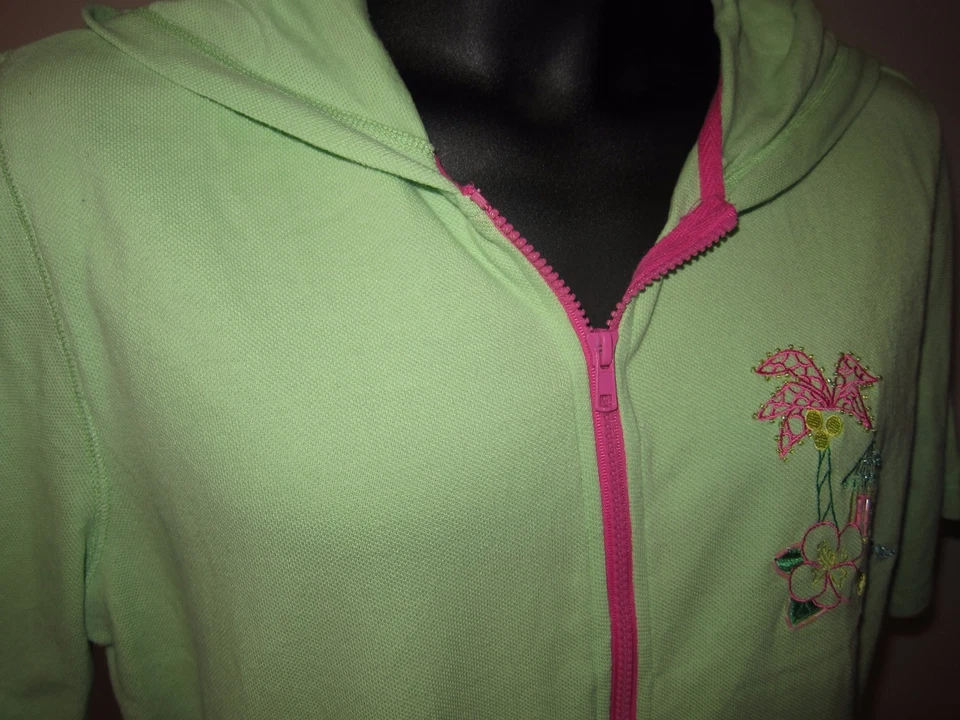 Sudadera con Capucha Recortada Escena de Playa Talla L Verde Lima Quacker Factory Chaqueta Palm Hut SS Foto 4 de 4