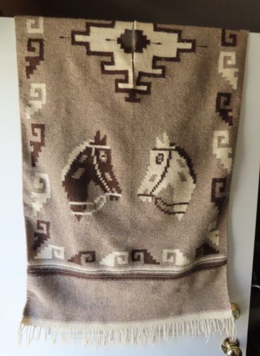 Vintage Southwest Indian Horse Serape Blanket Woven Wool Poncho 75X29 Fringe - Picture 3 of 15
