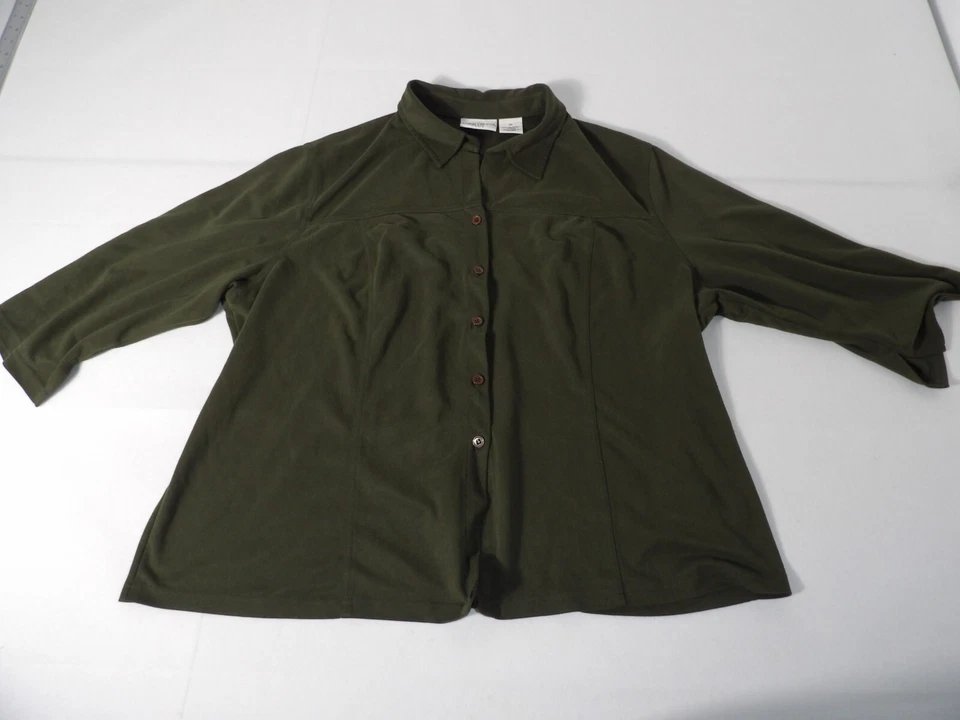 Vtg Kathy Ireland Plus 2X Faux Suede Blouse Shirt Top Olive Green Button Up Coll - Image 3 of 4