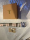 Burberry Men’s Beige Check Leather Dress Belt Size 36 Silver Logo BB Buckle — photo 5