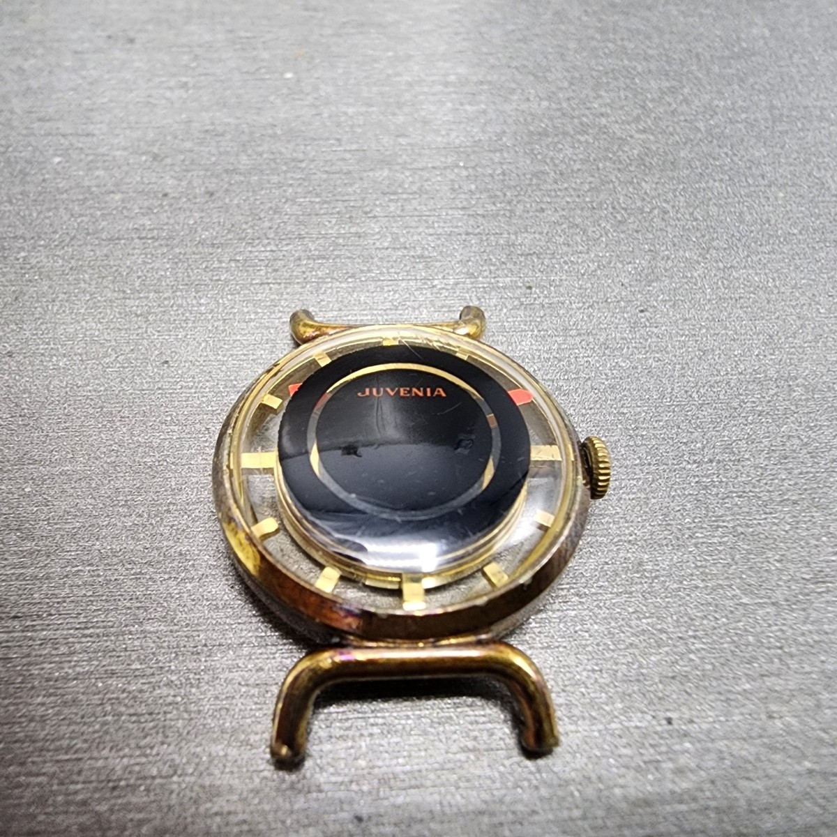 Juvenia Mystery Dial Watch Women 22mm Black Dial Gold Tone 