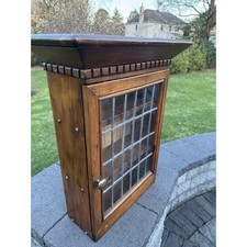 Wood Wall Hanging Cabinet Leaded Glass Lattice Door Dentil Molding Curio 25x20”